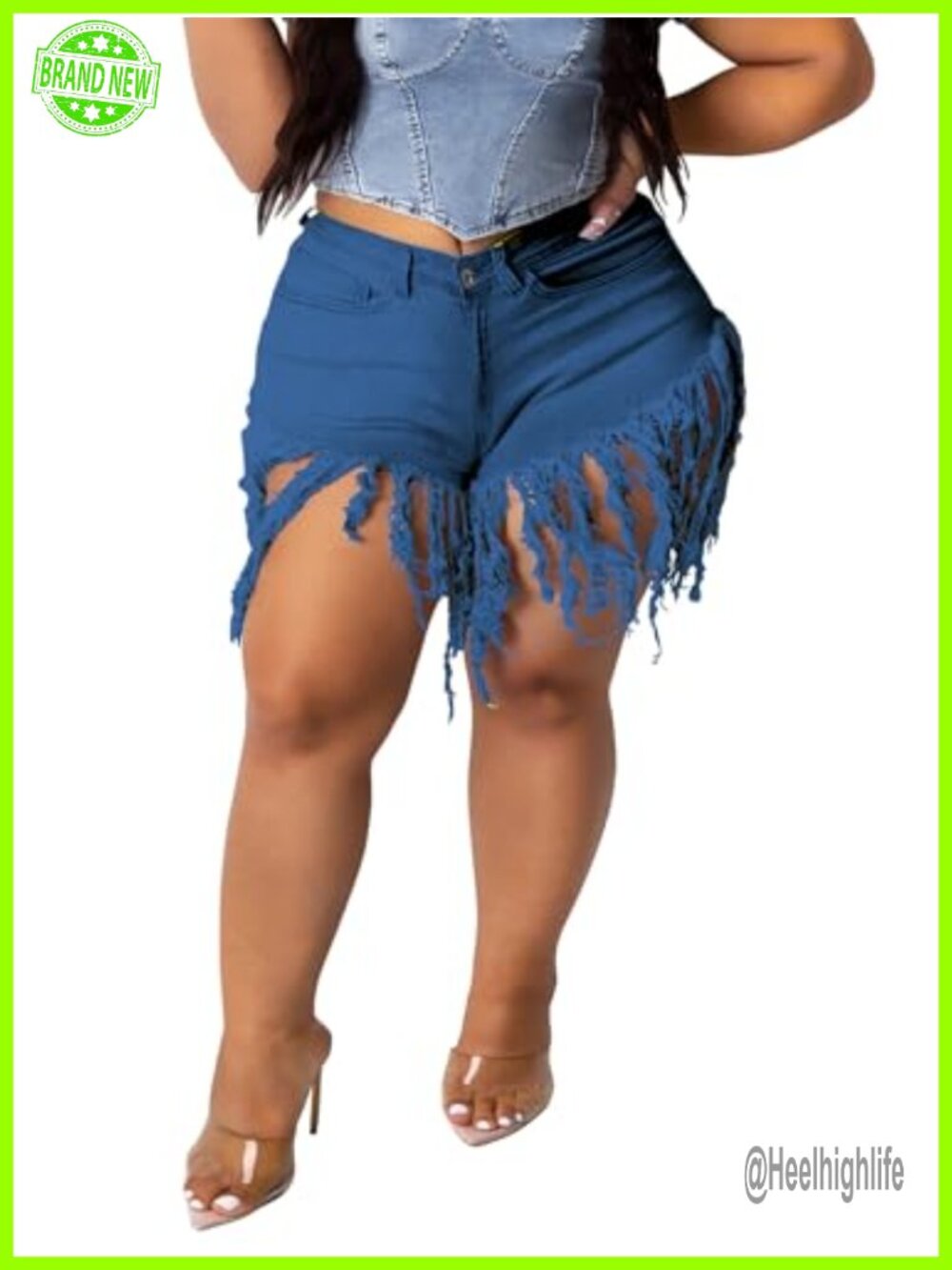 Plus Size Fringe Denim Shorts High Waisted Tassel Hem Jean Shorts